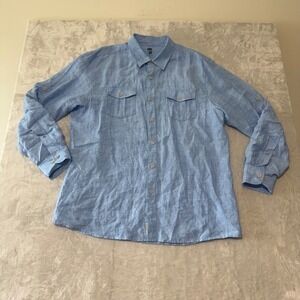 Ocean & Coast Women 100% Linen Long Sleeve Button Front‎ Shirt XL Blue Roll Tab